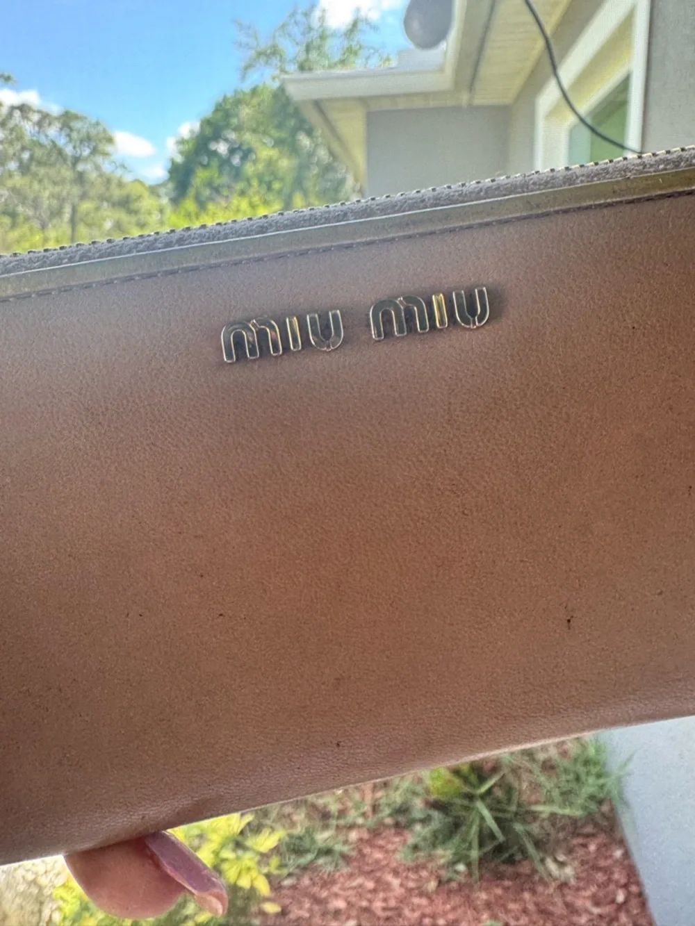 Miu Miu tan Leather Zip Wallet with Gold interior